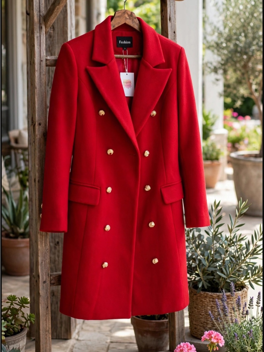 & Other Stories Red Double-Breasted Wool Pea Coat with Gold Buttons